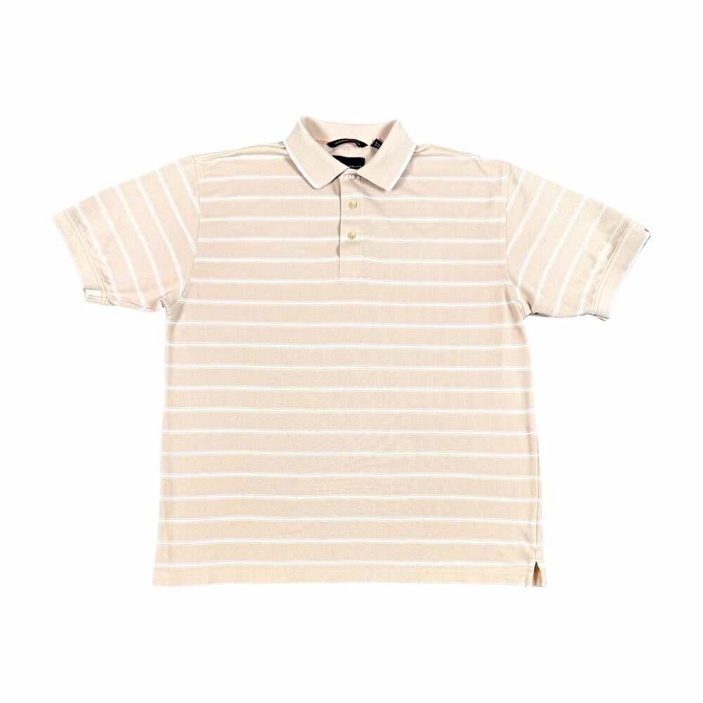 Greg Norman Beige/White Striped Cotton Short Sleeve Collared Polo Size L